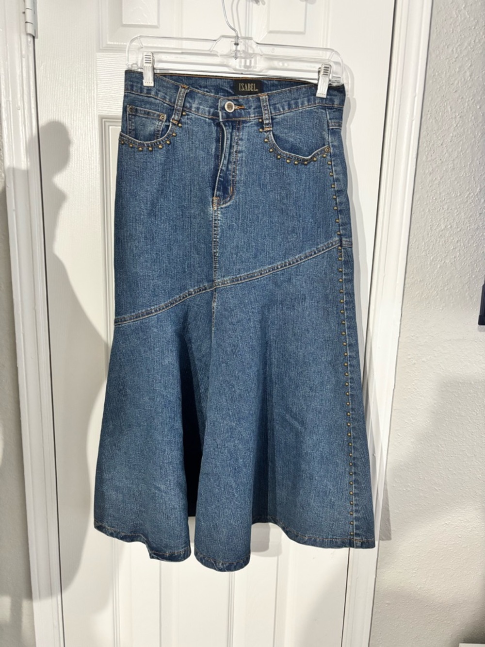 Isabel Blue Denim A-Line Midi Skirt with Stud Trim